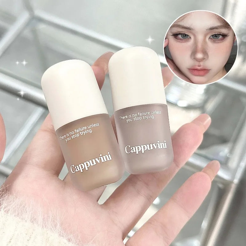 Blushimmer 3D face contouring cream in chocolate gray and brown shades, featuring matte nose shadow and shading powder in a capsule.
