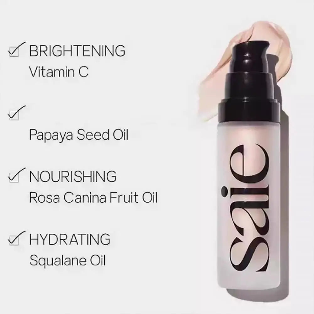 Blushimmer Saie highlighter liquid blusher with shiny, watery gel texture, brightening and smoothing skin for a glowing makeup look
