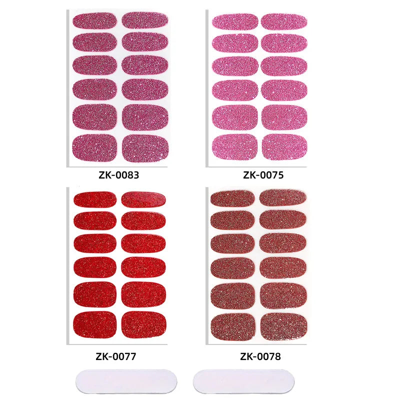 Set of 16 waterproof glitter gradient cat eye style nail art stickers from Blushimmer, self-adhesive false nail decals on a clear background.
