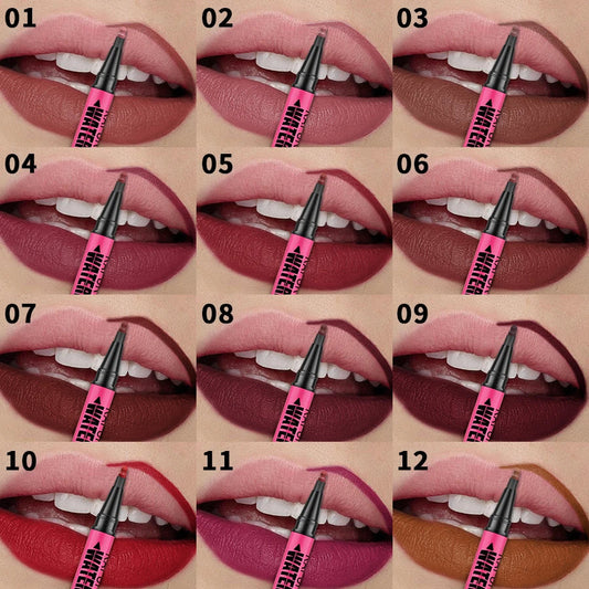 Blushimmer waterproof matte lip liner pen in sexy red and brown shades, showing multi-color correcting liquid lipstick for women.