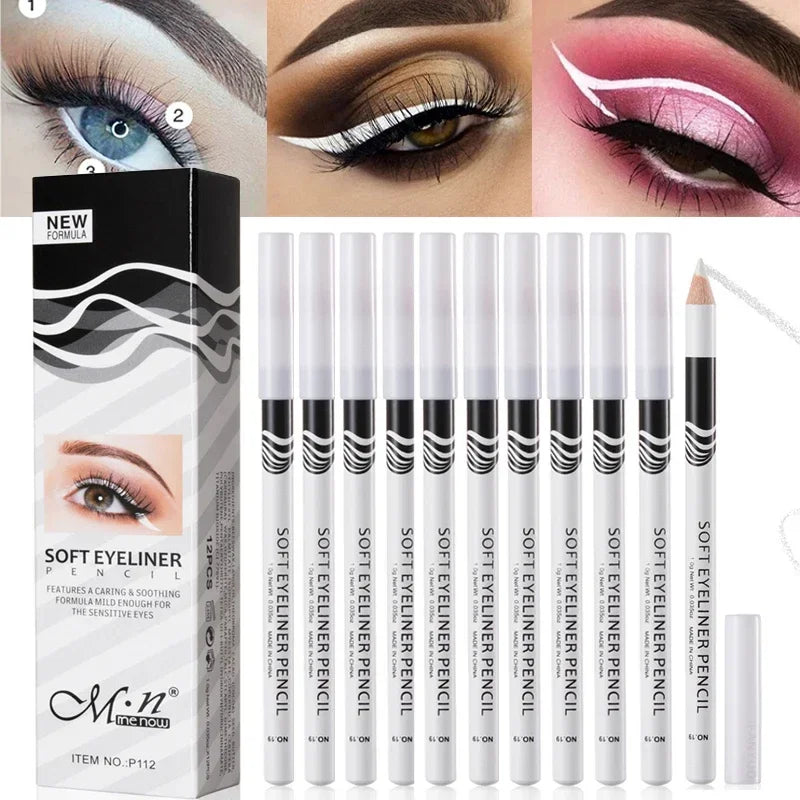 Set of 12 White Eyeliner Makeup Pencils by Blushimmer, waterproof and long-lasting eye brightener and highlighter for easy application.