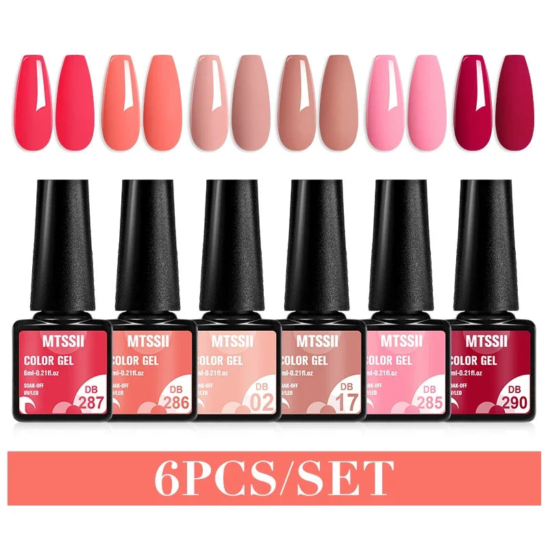 Blushimmer MTSSII 6-pack red gel nail polish set with sparkly, shiny finish, displayed in a manicure kit for LED and UV nail art.