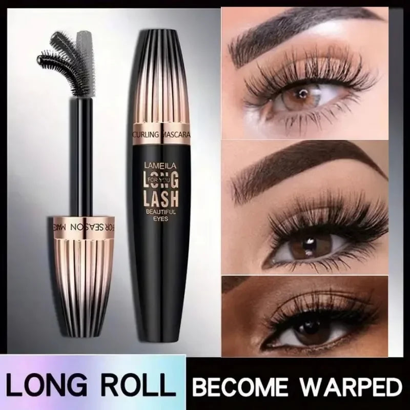 Silcy Skin waterproof 4D mascara with thickening, long-lasting curl, and smudge-proof formula applied on eyelashes.