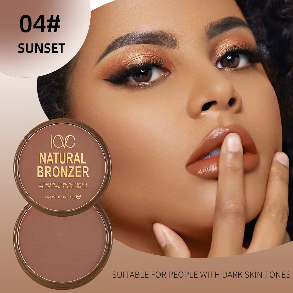 Blushimmer dark skin bronzer contour palette with matte brown shades for nose, cheek, and face contouring, natural nude makeup look
