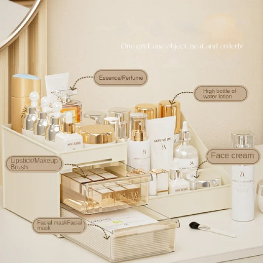 Transparent drawer-style makeup box by Blushimmer with multiple compartments for cosmetics, skincare, and dressing table organization.