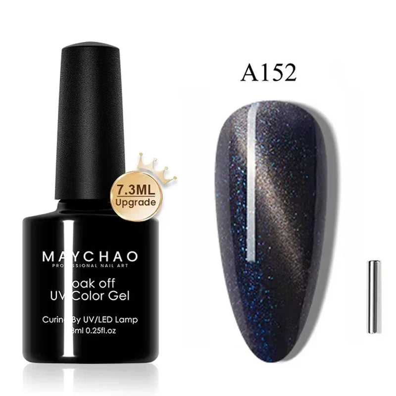 Blushimmer MAYCHAORomantic Galaxy cat eye gel nail polish with holographic rainbow effect and magnetic details for nail art.