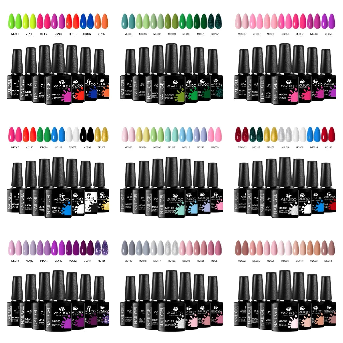 Blushimmer 7-piece nail gel polish set with colorful bottles for DIY nail art, long-lasting UV gel, and soak-off manicure.