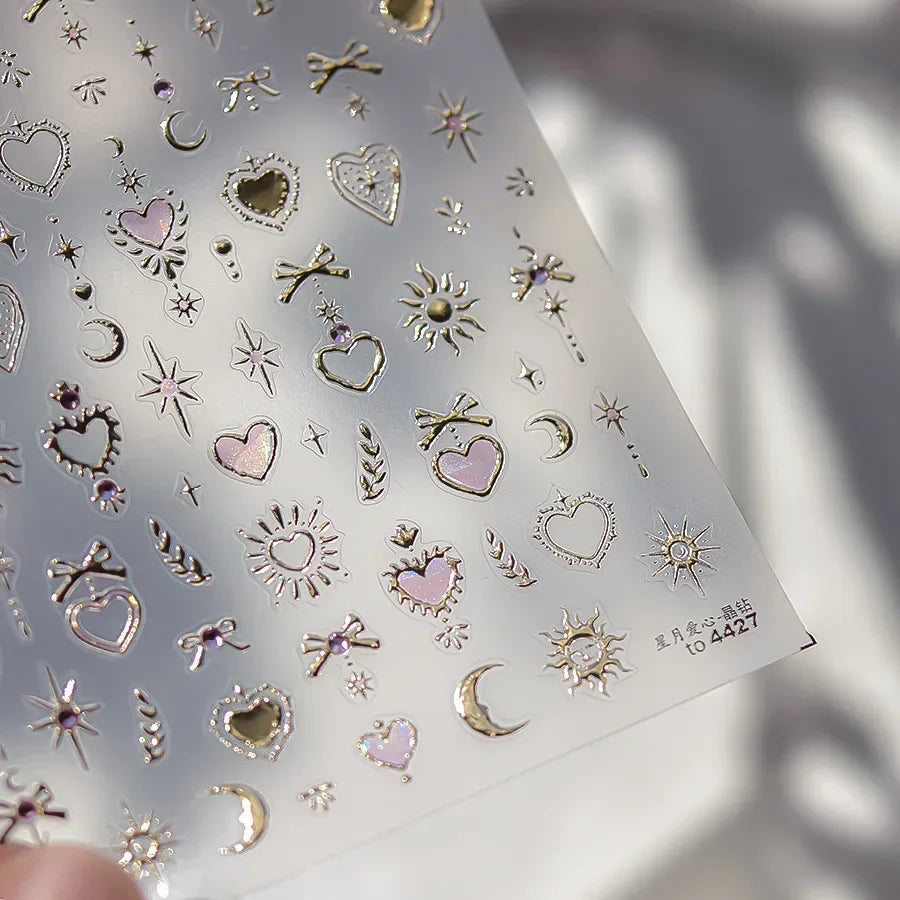 Colorful Cat's Eye 5D Gradient European love heart gem and wing nail art stickers by Blushimmer for creative manicures.