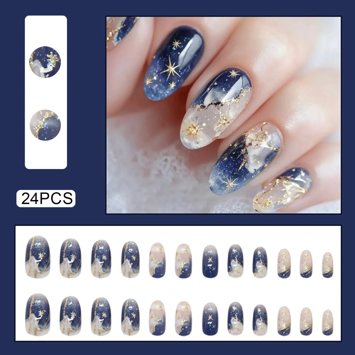 24pcs Blushimmer Y2k star press-on nails with black gradient, moon designs, mid-length coffin false nail tips for a stylish look