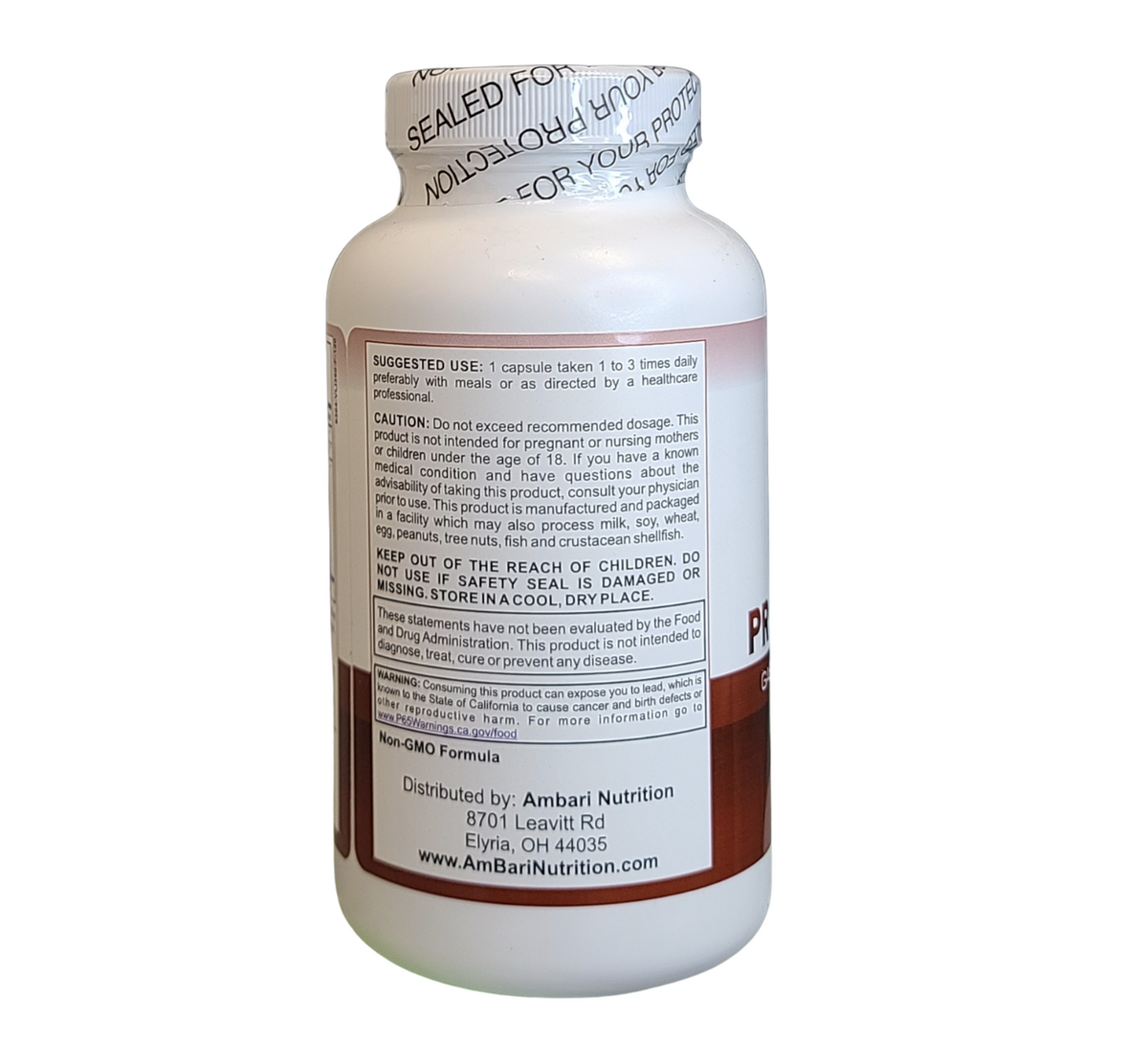 AmBari Nutrition probiotic supplement bottle with capsules, showcasing the probiotic blend for gut health support.