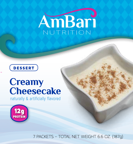 AmBari Nutrition creamy cheesecake dessert snack in a bowl, featuring a smooth, rich texture with a golden crust and creamy filling.