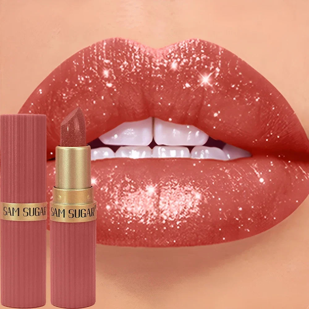 Chocolate brown metallic glitter lipstick by Blushimmer featuring long-lasting, waterproof, shimmering pearl finish for glamorous lips.