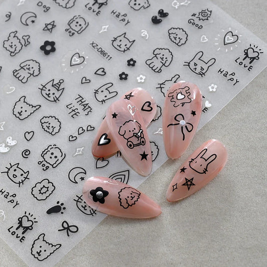 Set of 12 colorful cartoon dog and cat 3D nail art stickers by Blushimmer, featuring self-adhesive graffiti-style nail decals.