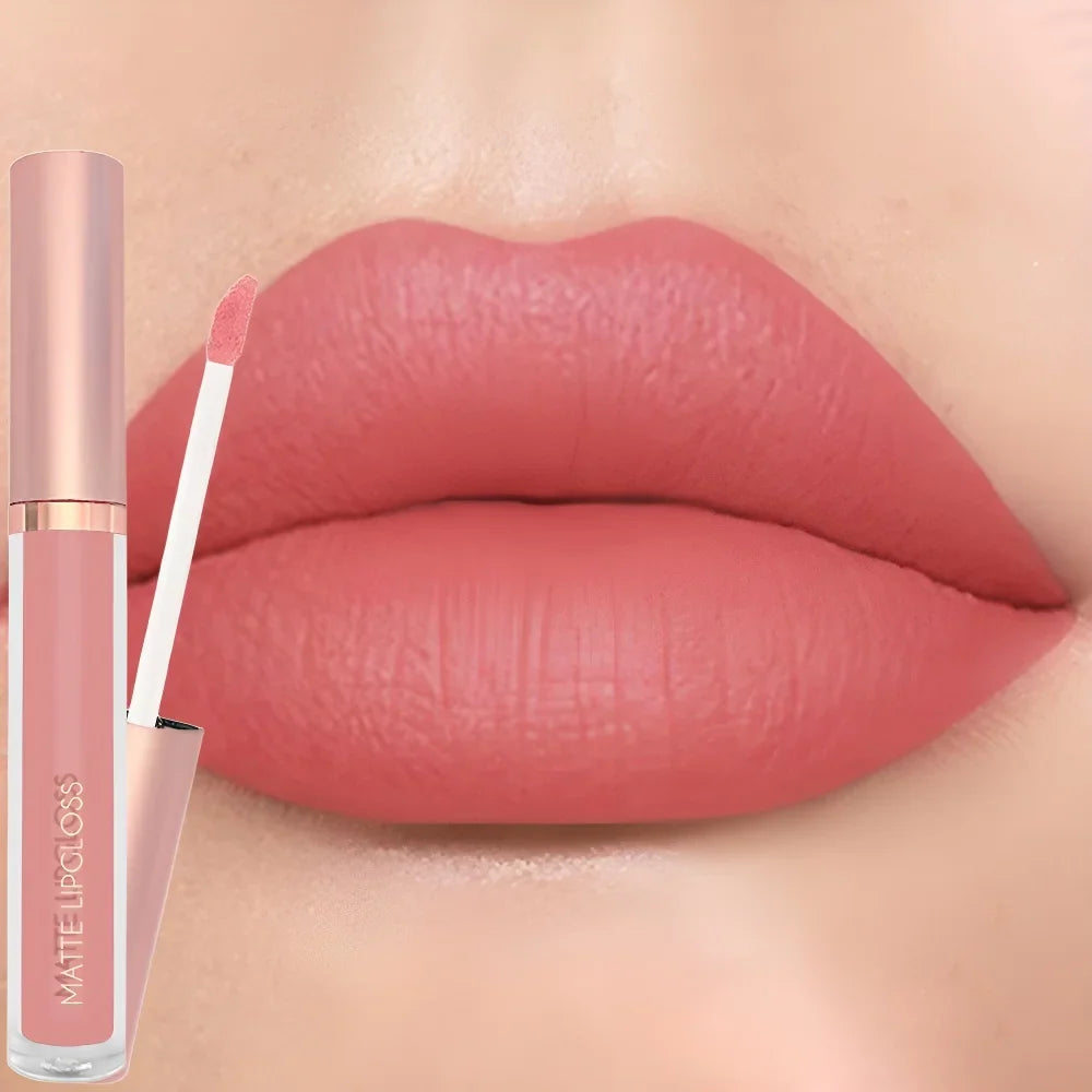 Blushimmer 12-color creamy matte lip gloss with long-lasting, moisturizing nude, berry, and rose shades, plumping lip makeup.