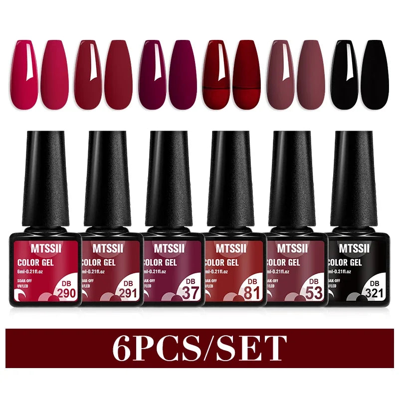 Blushimmer MTSSII 6-piece set of sparkly red gel nail polish bottles with shiny finish and LED/UV compatible nail art supplies.