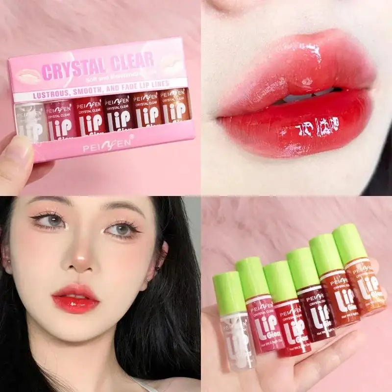 Set of 6 blushimmer glass mirror lip glosses with hydrating, lightweight formulas in peach, cherry, and pink shades.