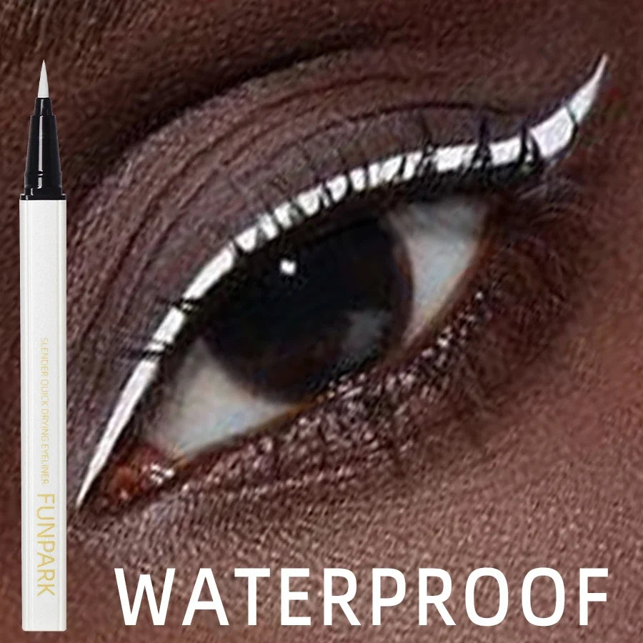 White liquid eyeliner pen by Blushimmer with matte finish, waterproof formula, long-lasting for precise eye makeup application.