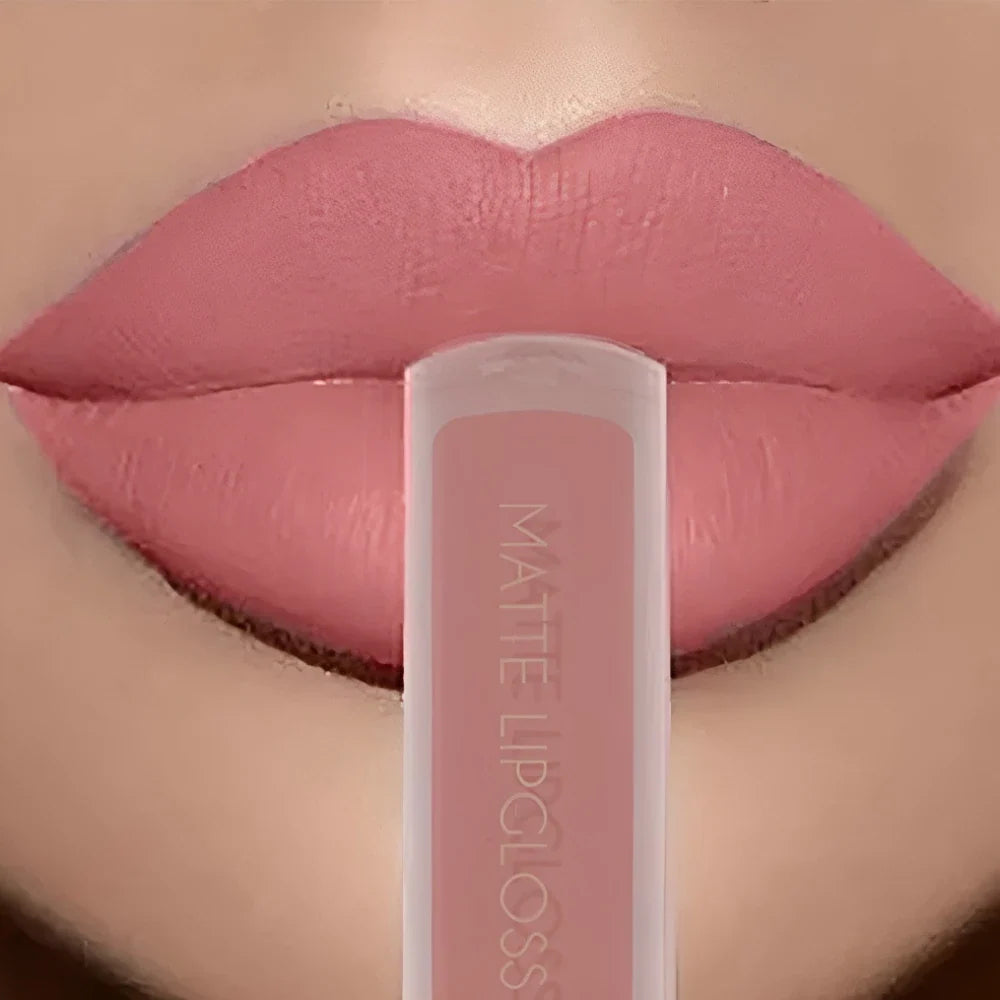 Blushimmer 12-color creamy matte lip gloss set featuring long-lasting, moisturizing nude, berry, and rose shades with a velvet finish.