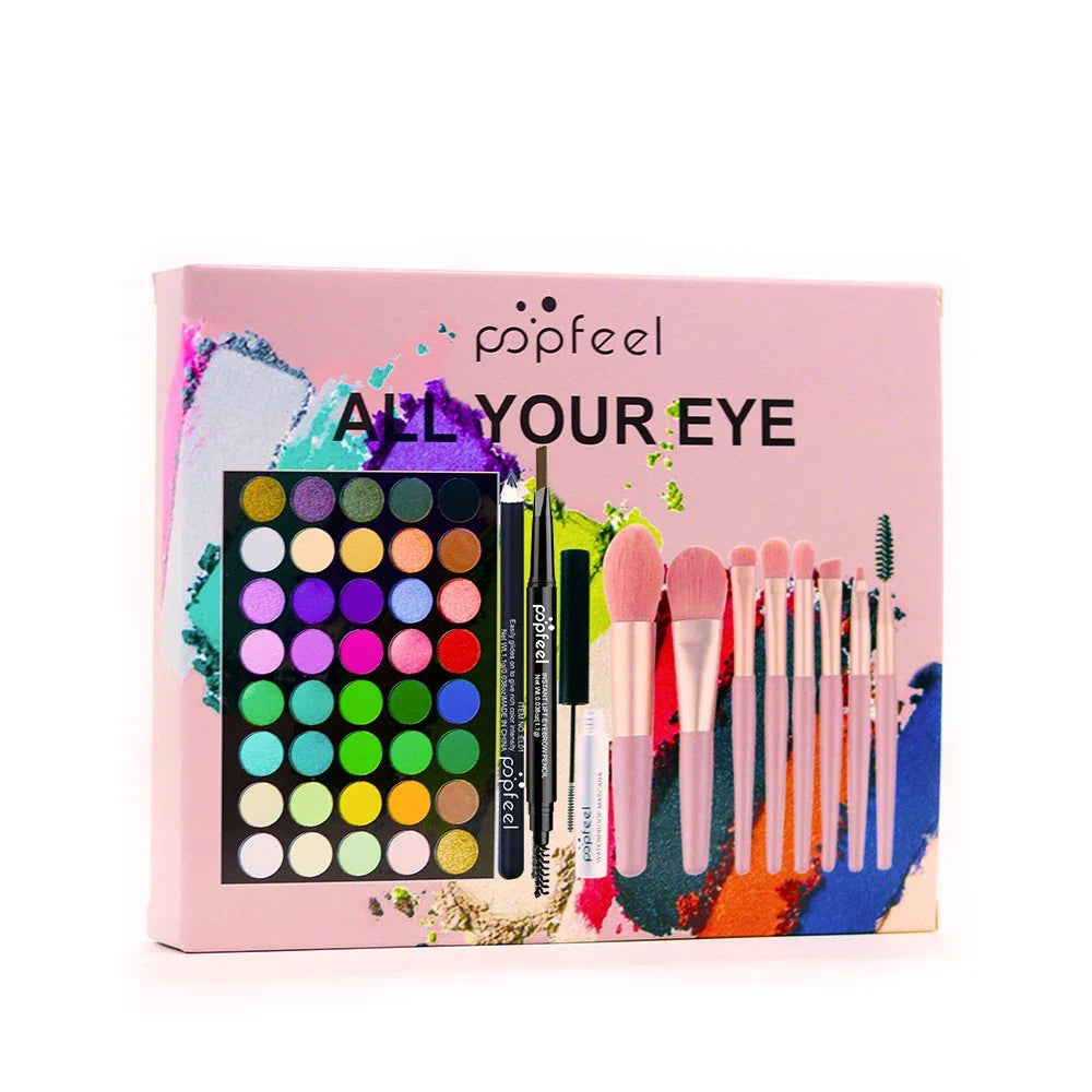 Blushimmer POPFEEL eye makeup set with 40 eyeshadow shades, eyebrow pencil, eyeliner pen, mascara, and makeup brushes.