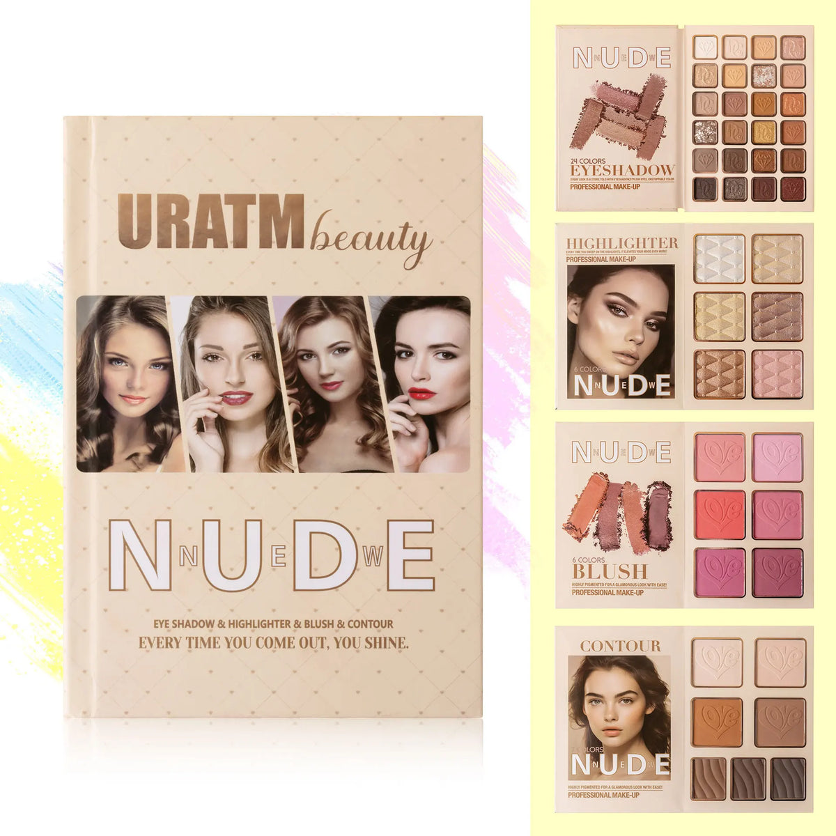 Blushimmer 43-color all-in-one makeup palette with matte and shimmer eyeshadows, blush, contour, and highlighter in a 4-layer book design.