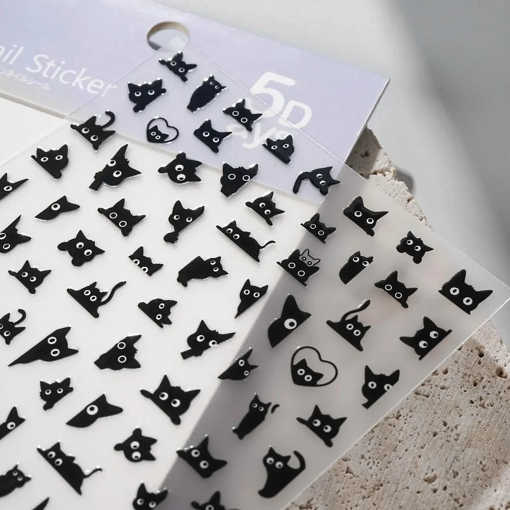 Black cat 3D self-adhesive nail art decals by Blushimmer, featuring cute cartoon animal nail stickers for manicure decoration.