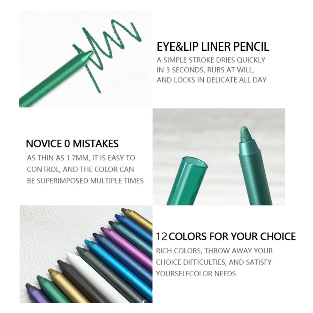 Set of 12 waterproof Blushimmer eyeliner pens with shimmering effects, featuring easy-to-apply shades and highlighters, ideal for eye makeup.