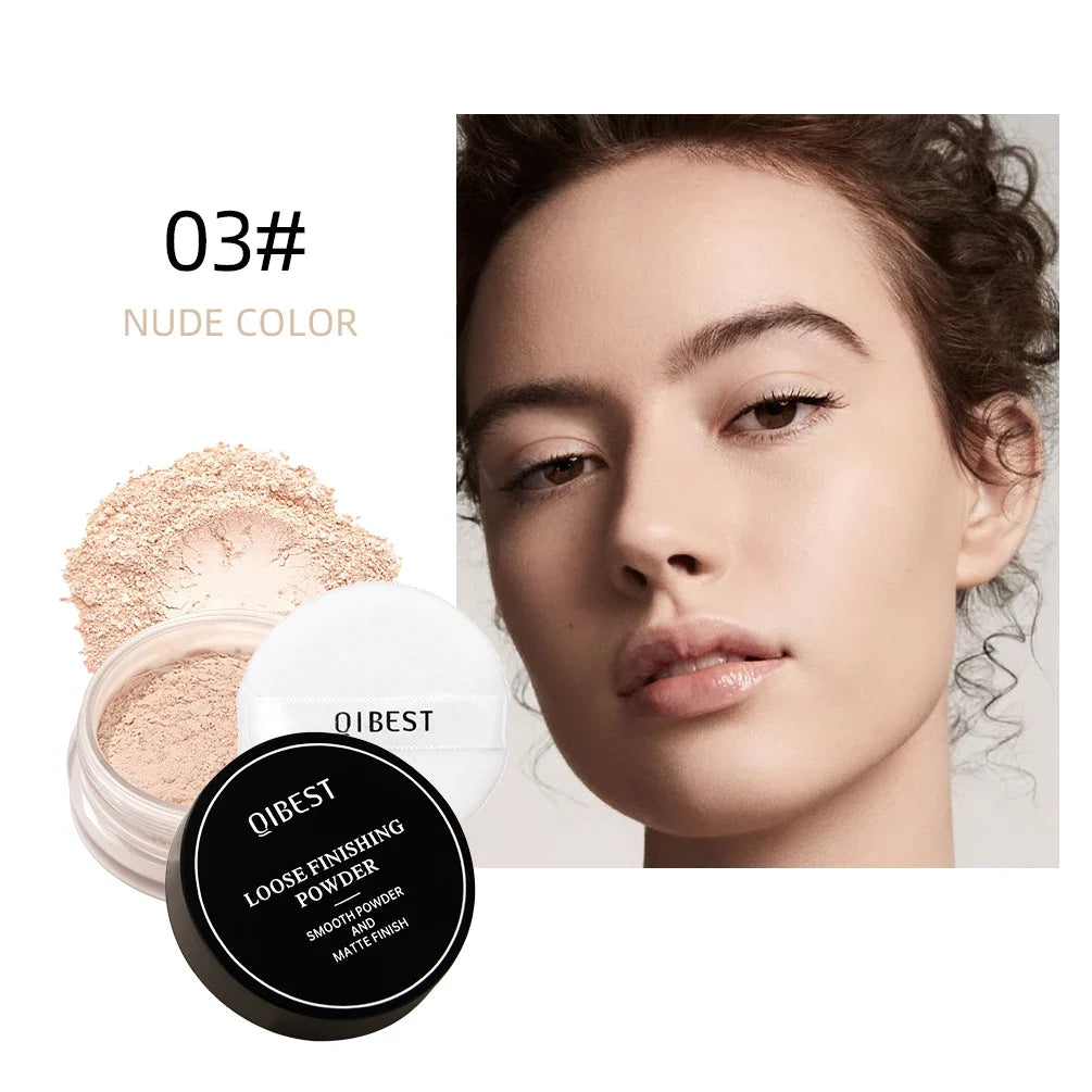 Blushimmer QIBEST loose powder compact with four color options, waterproof, oil-control, matte finish, and pore-blurring face makeup