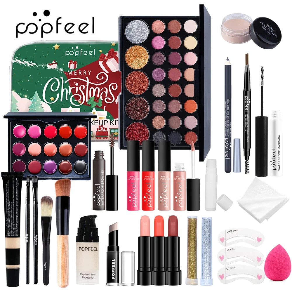 Blushimmer POPFEEL Christmas makeup set with eyeshadow, foundation, and lipstick for holiday and everyday glamour.