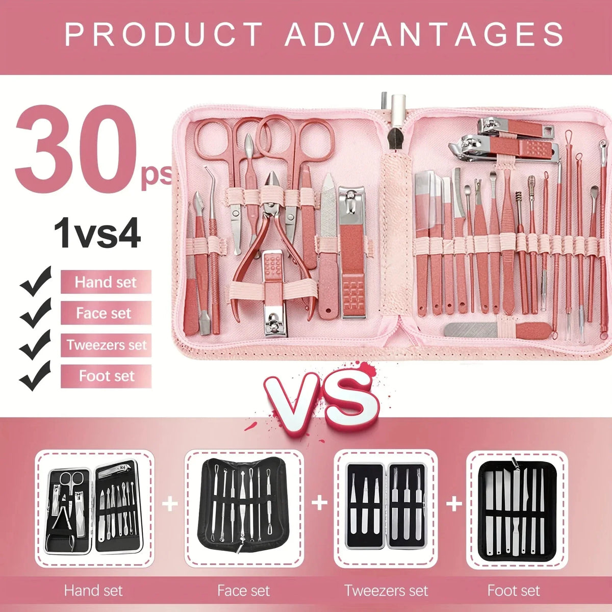 RedFlow 30-in-1 manicure set with nail clippers, toenail scissors, and pedicure tools by Blushimmer, arranged on a white background.