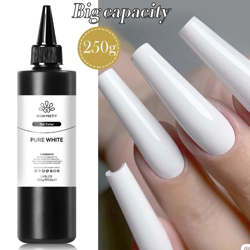 Black and white gel nail polish bottles from Blushimmer's Born Pretty 250g semi-permanent UV LED gel refill package.
