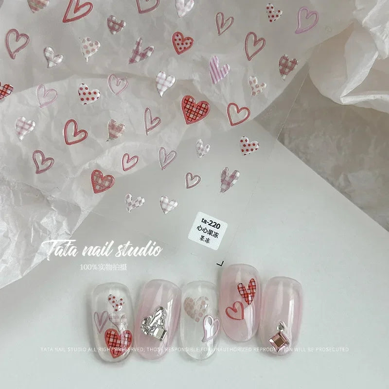 Colorful Cat's Eye 5D gradient European love heart nail art stickers with geometric wing crystals for manicure decor.
