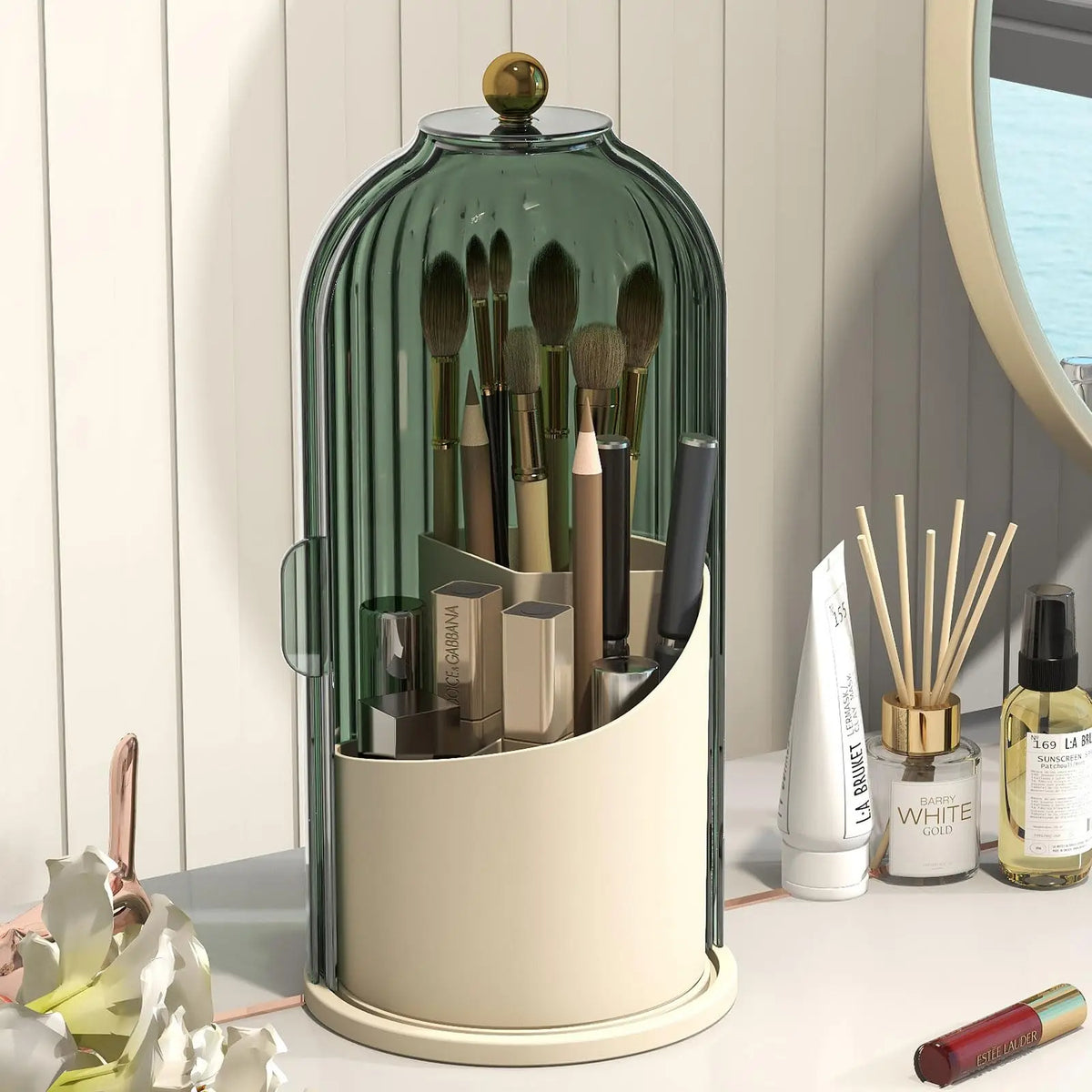 Blushimmer YOOLENS makeup brush holder organizer with lid, 360° rotating clear dustproof vanity brush storage.