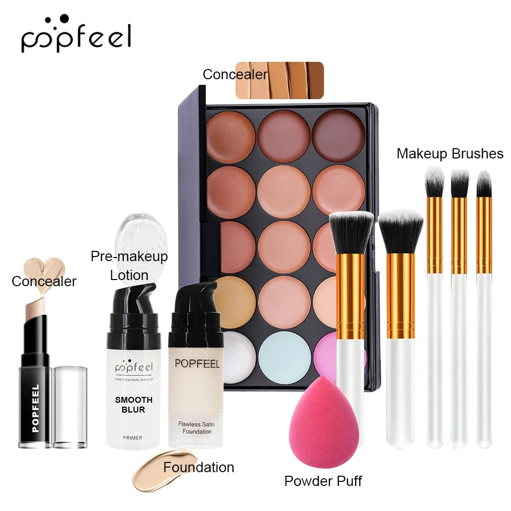 Blushimmer POPFEEL 10-piece face makeup set with foundation, concealer, and brushes for a flawless makeup application.