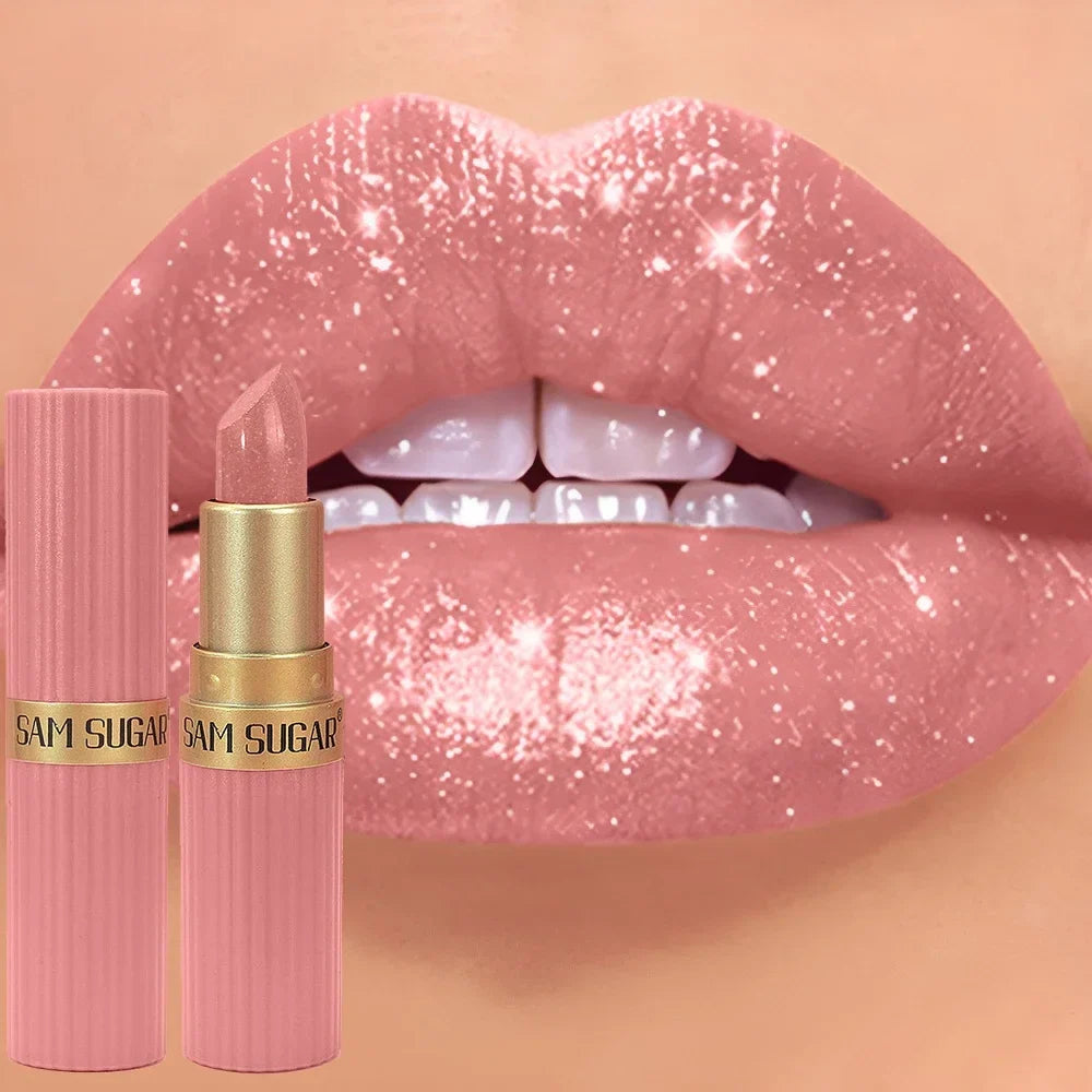 Blushimmer chocolate brown metallic glitter lipstick with shimmery pearl finish, long-lasting, waterproof, and non-fade lip gloss makeup.