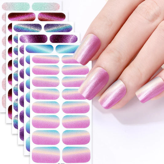 Gradient cat eye style nail art stickers by Blushimmer, 16-piece set with waterproof, glitter false nail decals on a black background.