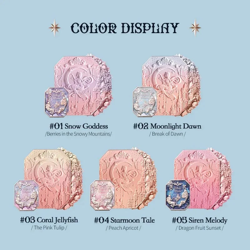 Blushimmer Flower Knows Moonlight Mermaid blush powder in matte finish, featuring gradient pink and coral shades, vegan and cruelty-free makeup