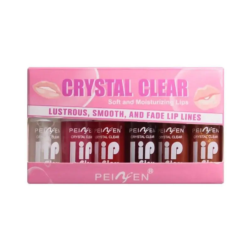 Six-piece Blushimmer glass mirror lip gloss set with hydrating, lightweight formulas in peach, cherry pink, and shimmer sheer tints.