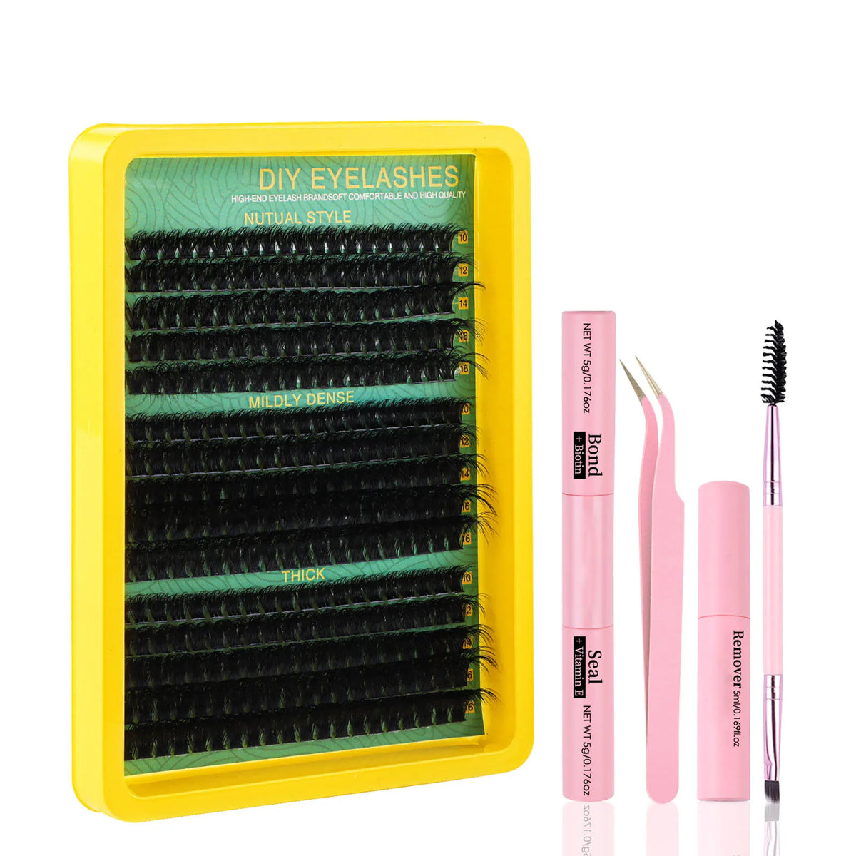 Blushimmer Lash Clusters Kit with natural 10-16mm spiky volume eyelash extensions and individual cluster lashes.