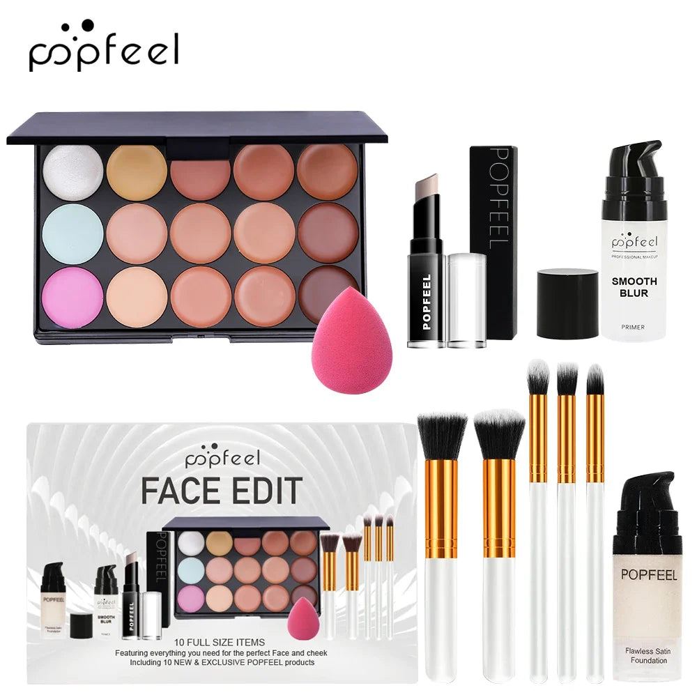 Blushimmer POPFEEL 10-piece face makeup set with foundation, concealer, brushes for beginner-friendly flawless makeup application.