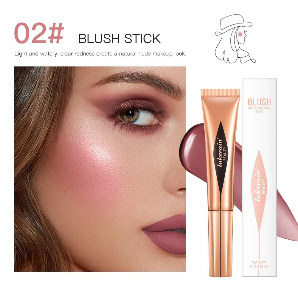 Blushimmer liquid contouring highlighter stick with matte finish, brightening primer, small V-face blush, and nose shadow for contouring