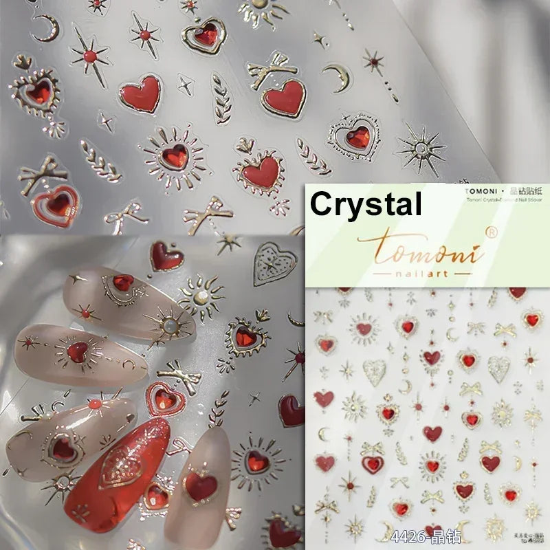 Colorful Cat's Eye 5D Gradient European Love Heart Gem nail art stickers with crystal geometric designs for manicure decoration.