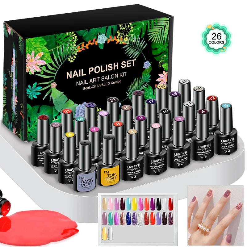 Blushimmer LNWPYH gel nail polish set with 26 semi-permanent UV and LED gel lacquers, base and top coats, soak-off formula.