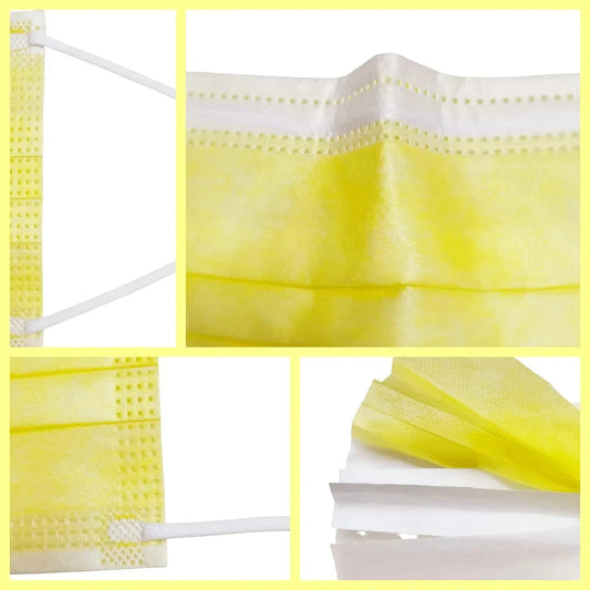 200 yellow disposable protective masks with adjustable ear loops and snug nose pads, breathable and 3-layer thickened for comfort.