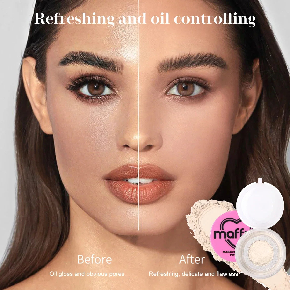 Blushimmer Sweet Heart Powder loose setting powder in a soft, airy container, oil-control, sweat-proof, waterproof, long-lasting finish.
