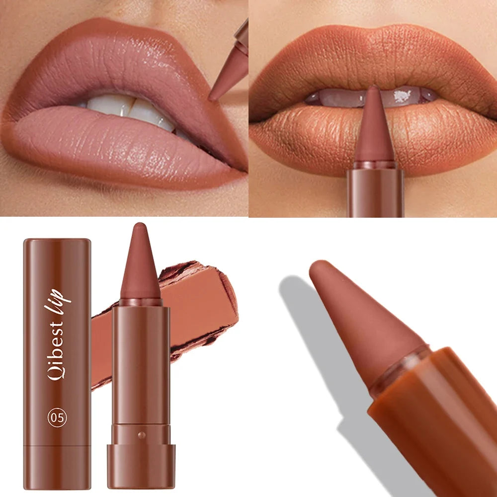 Blushimmer Twist Up Lip Liner and Lipstick Pen with velvet matte finish, featuring waterproof, non-stick, lip contour, and blush functions.