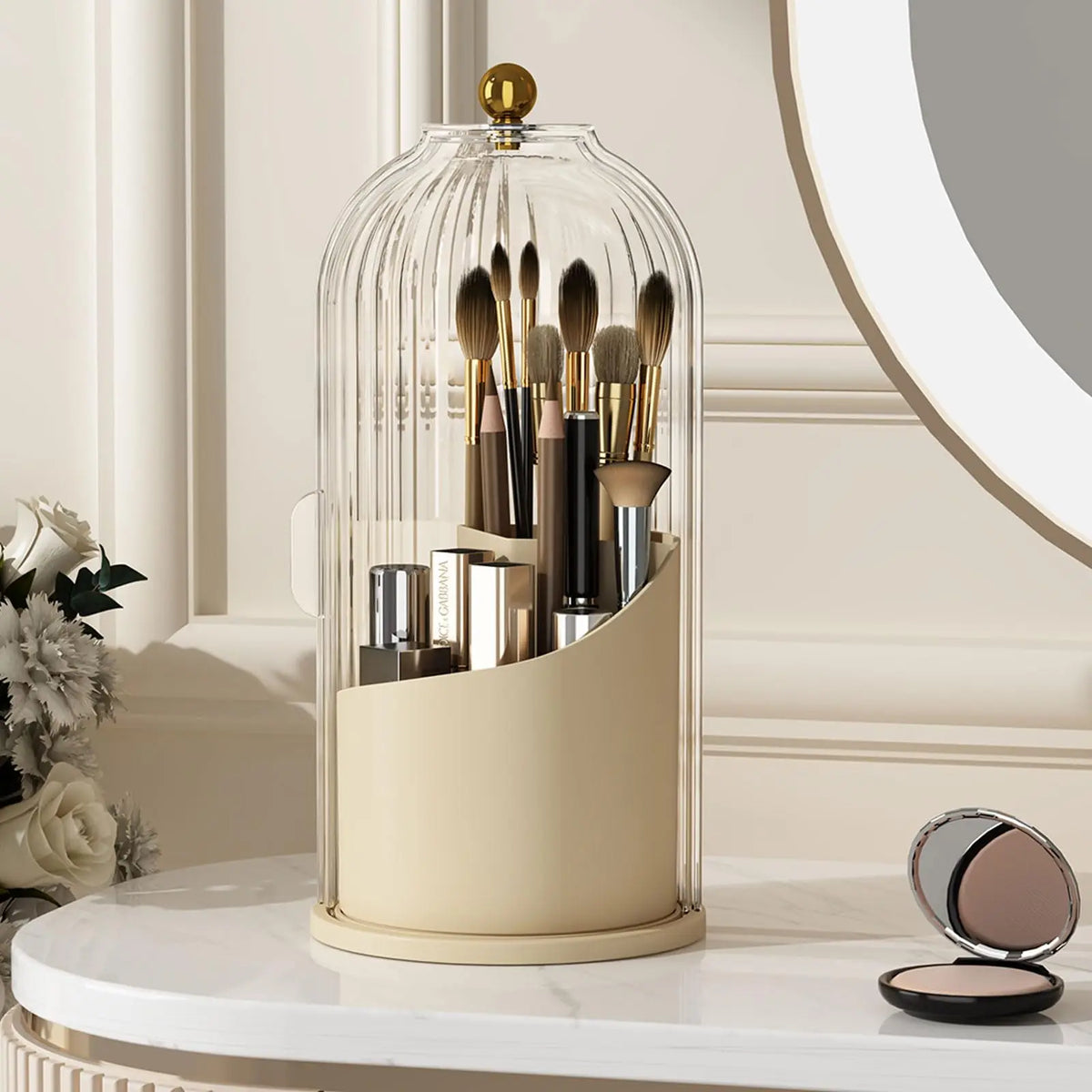 Blushimmer YOOLENS rotating clear makeup brush holder with lid, dustproof organizer for vanity and bathroom countertop.