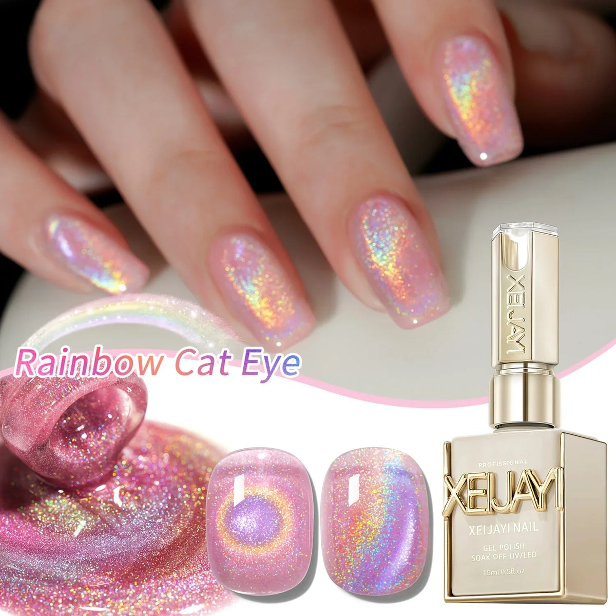 Rainbow Cat's Eye gel nail polish by Blushimmer, 15ml, UV LED curing, long-lasting, fast-drying nail art gel with colorful shimmer effect.
