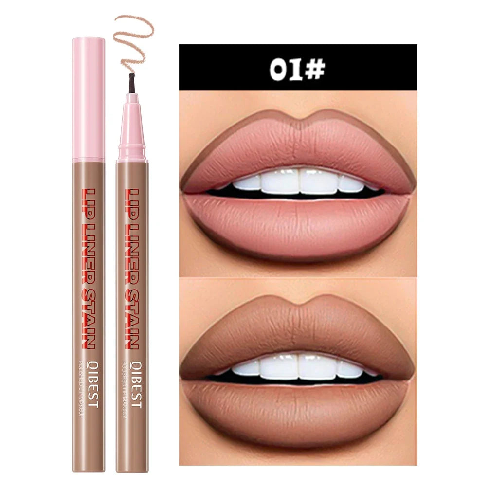 Blushimmer QIBEST matte waterproof liquid lipliner pencil for natural lip contour and plumping lipstick application.