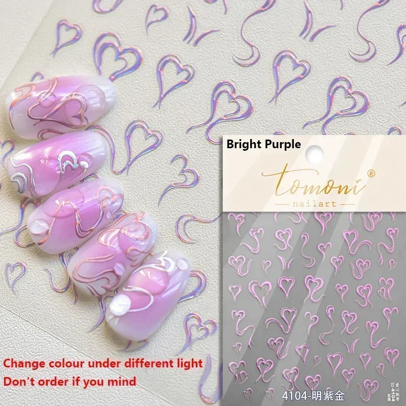 Colorful Cat's Eye 5D gradient nail art stickers featuring European love heart gems and geometric crystal designs for manicures.