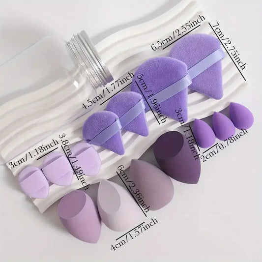 Set of 14 Blushimmer makeup sponges with storage jar, velvet beauty blenders, powder puffs, and makeup tools for women.